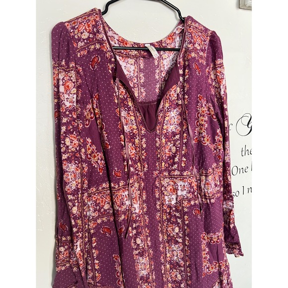 Free People Bridgette Purple Floral Print Long Sleeve Mini Dress Size L Bohemian - Picture 4 of 12